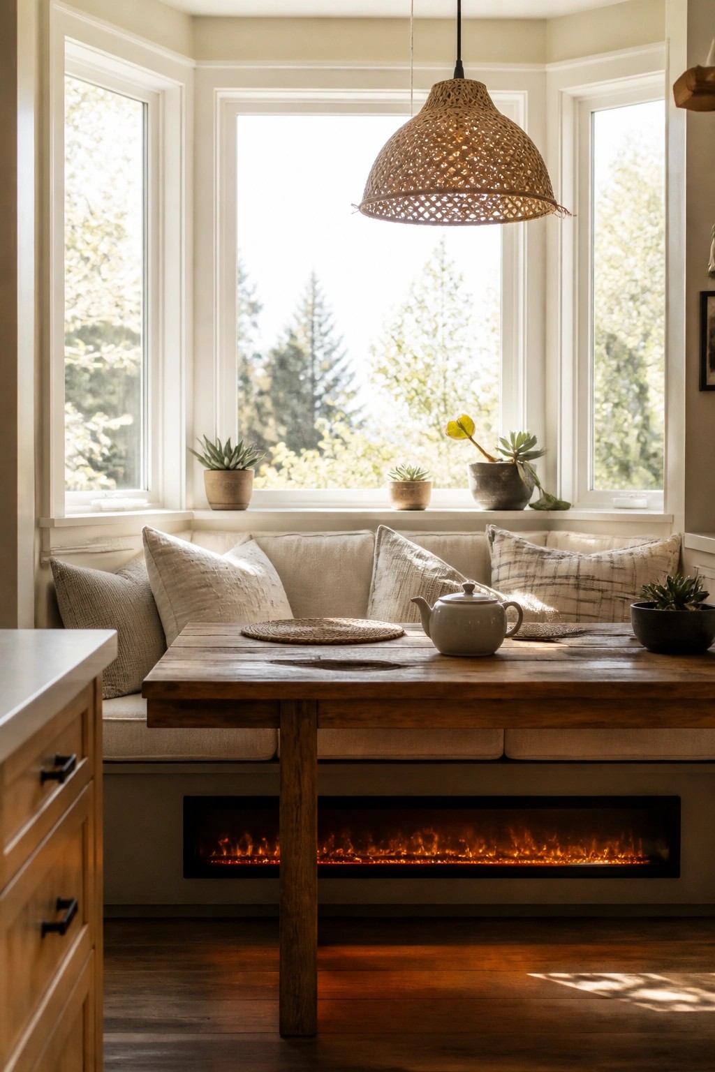 A wooden table sits in front of a cushioned window seat with an electric fireplace built into the base beneath it.