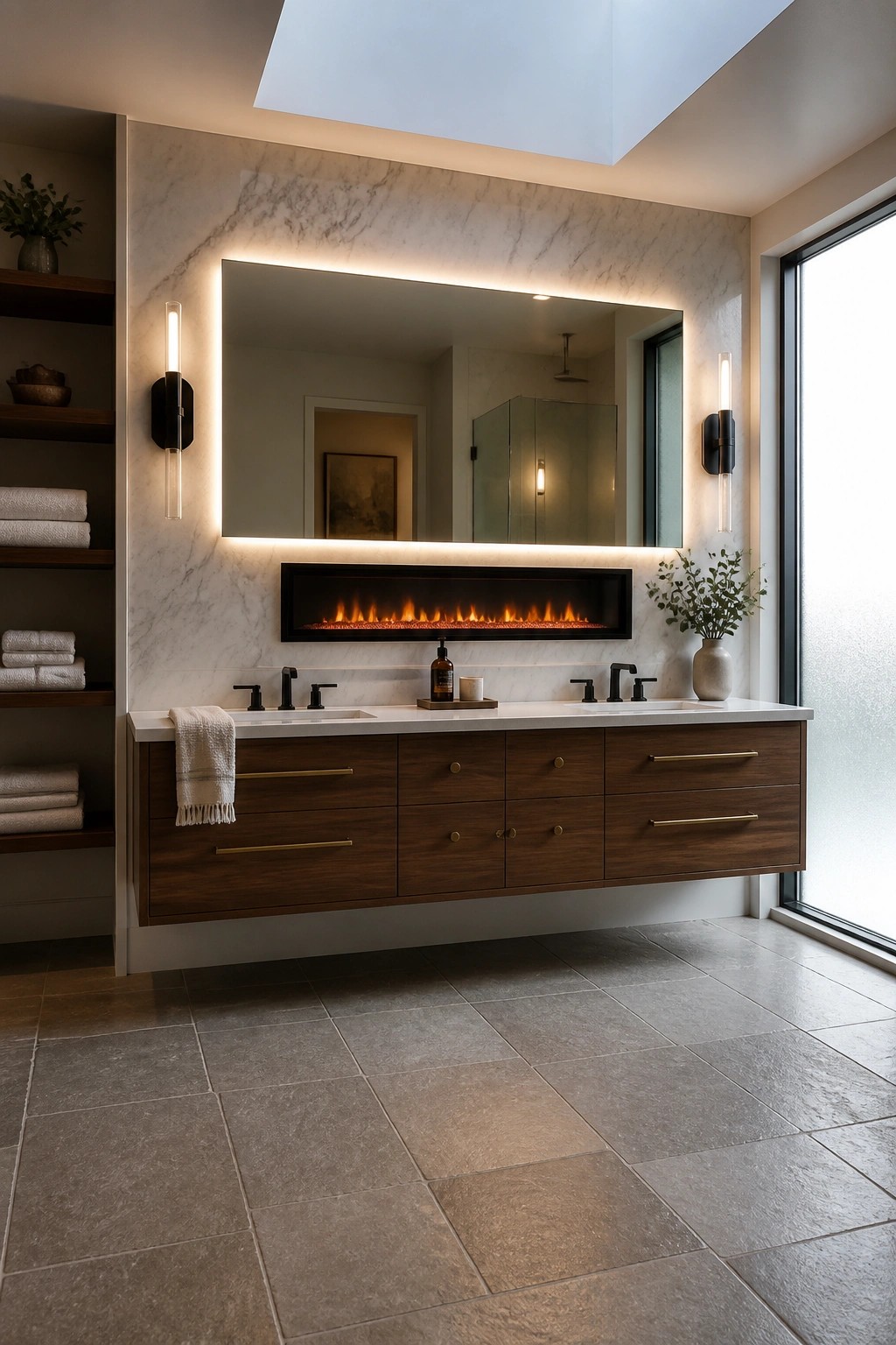 A modern bathroom features a floating dark wood vanity with a white countertop, a large backlit mirror, and a horizontal electric fireplace set into the marble wall beneath the mirror.