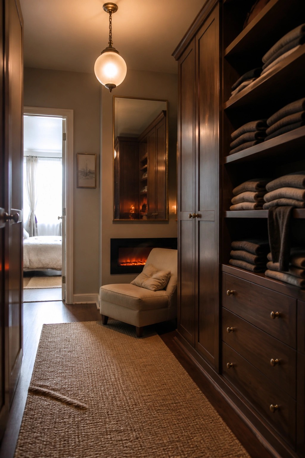 A bedroom interior with a built-in electric fireplace, an armchair in front of it, and a mirror above the fireplace next to a large wooden closet.