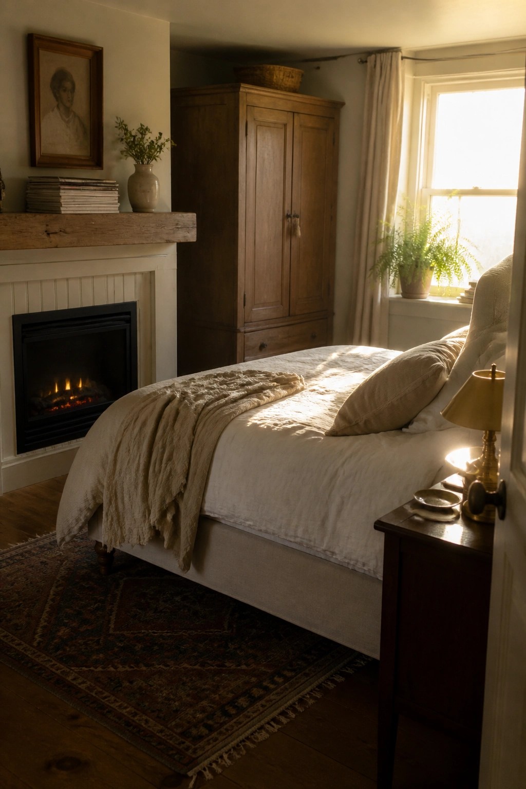 A bedroom interior showing a white mantel with a black electric fireplace insert, a wooden beam above the mantel, and a bed with neutral linens positioned beside it.