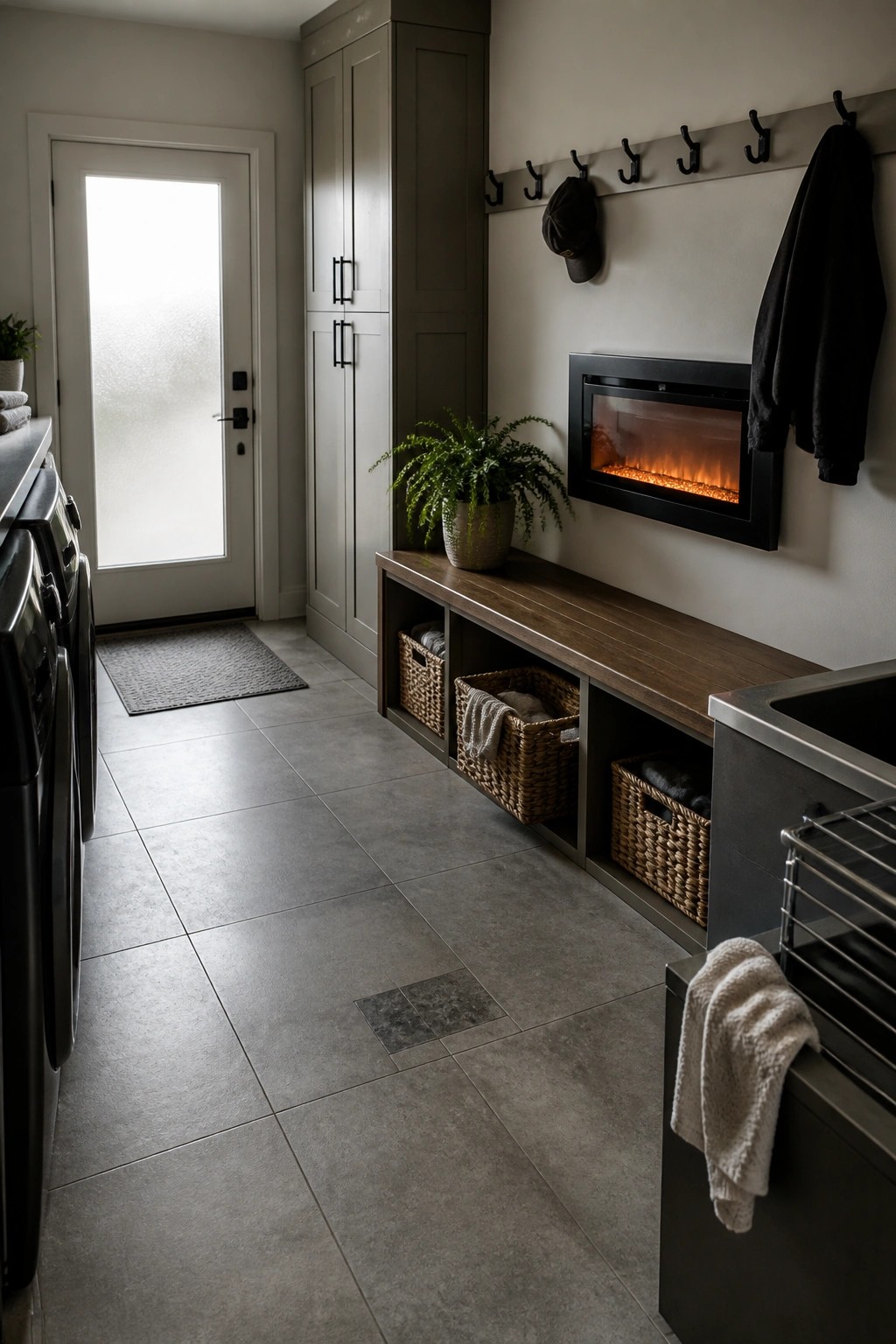 A modern mudroom with gray tile floors, white cabinets, a wall-mounted electric fireplace above a wooden bench with woven storage baskets, and black hooks on the wall holding hats and jackets.