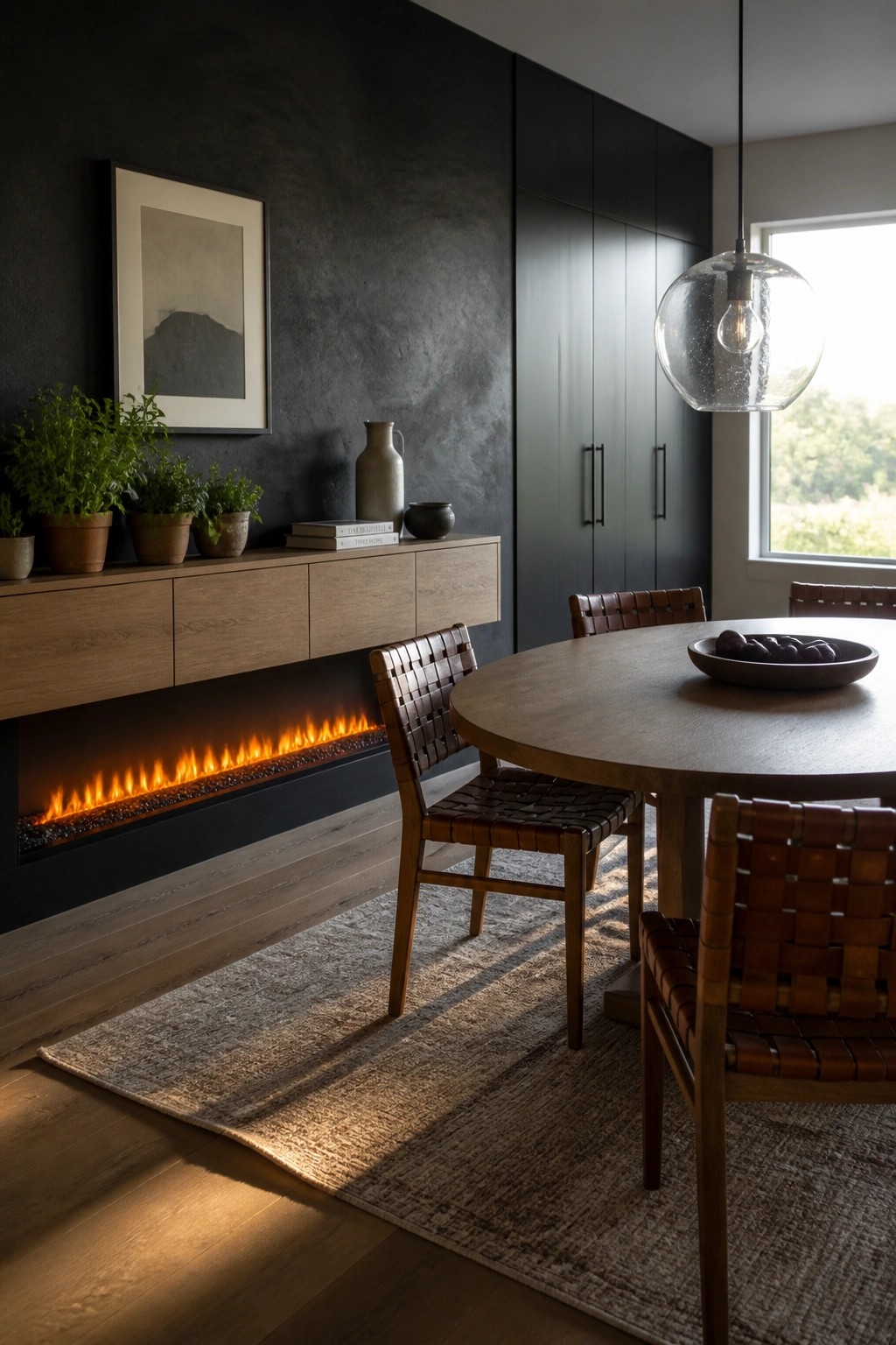 An electric fireplace is built into the lower wall beneath a long floating wooden console topped with potted plants and stacked books, beside a round dining table with woven leather chairs on a textured rug.