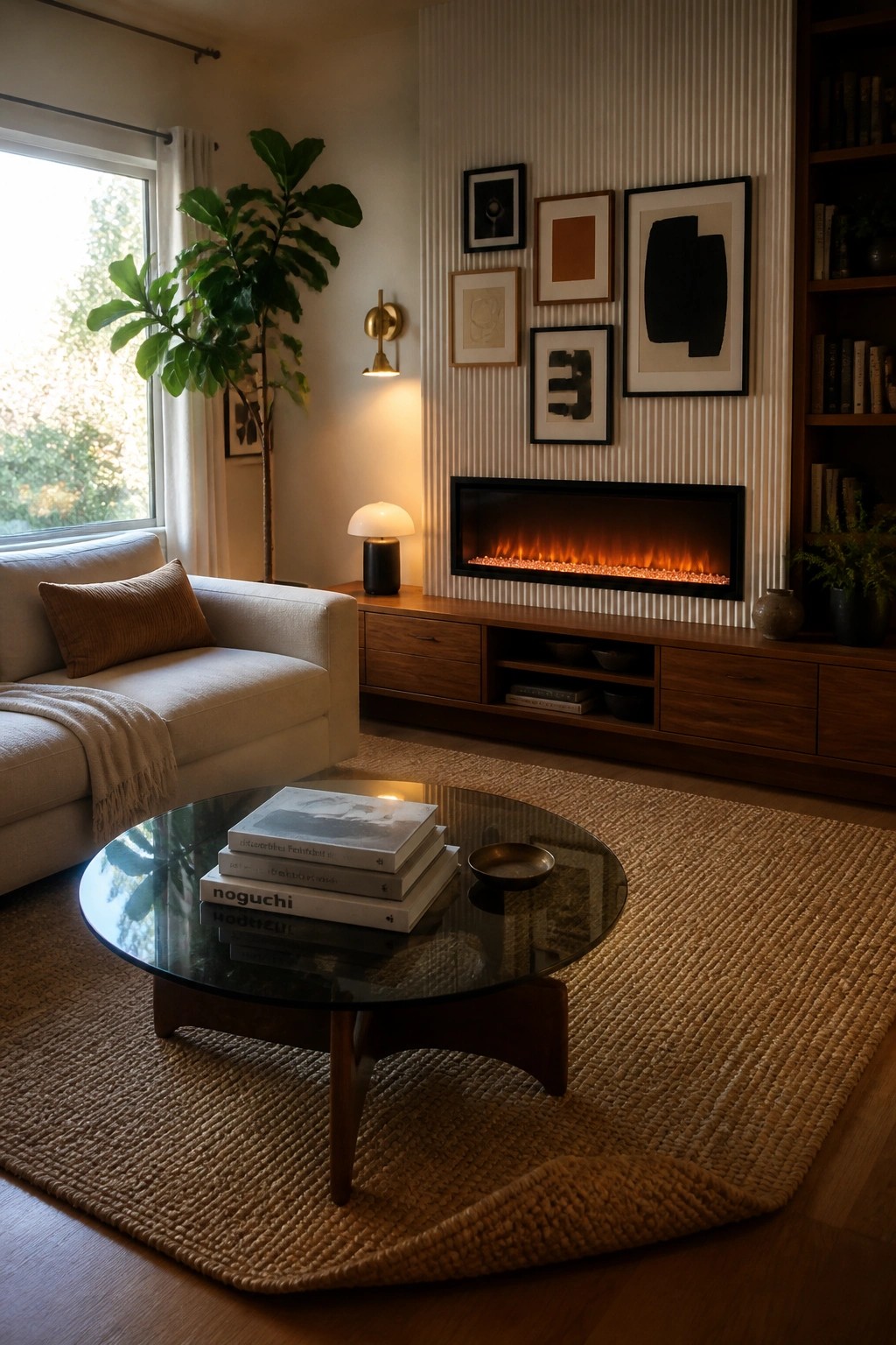 A living room with an electric fireplace recessed into a ribbed wall above a long wooden media console, a round glass coffee table on a woven rug, and a light sofa to the left.