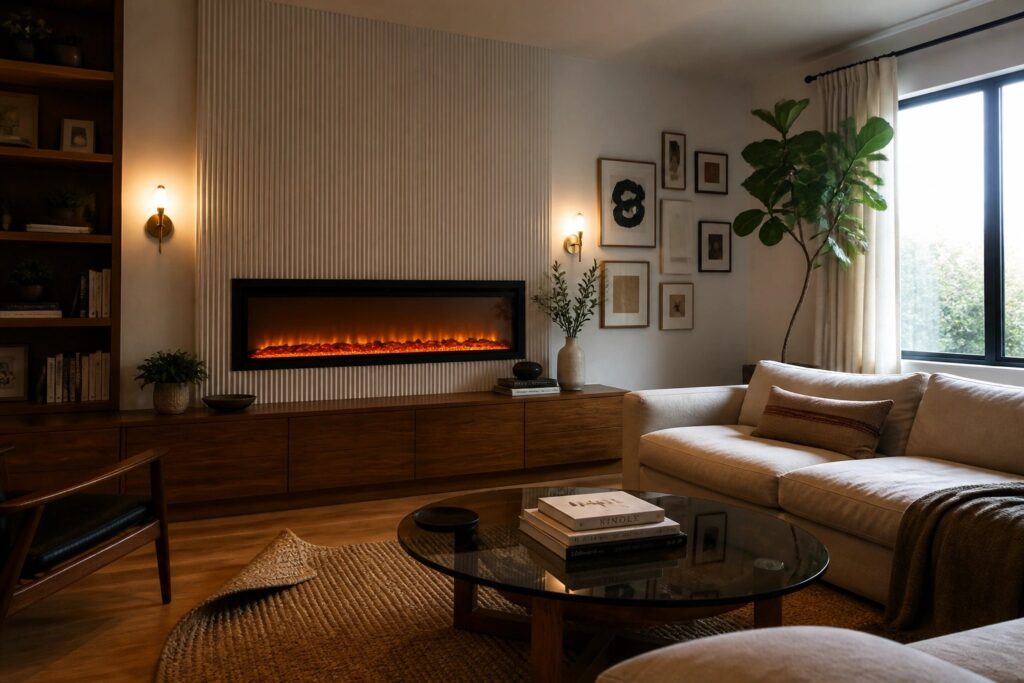 A living room with an electric fireplace recessed into a ribbed wall above a long wooden media console, a round glass coffee table on a woven rug, and a light sofa to the left.