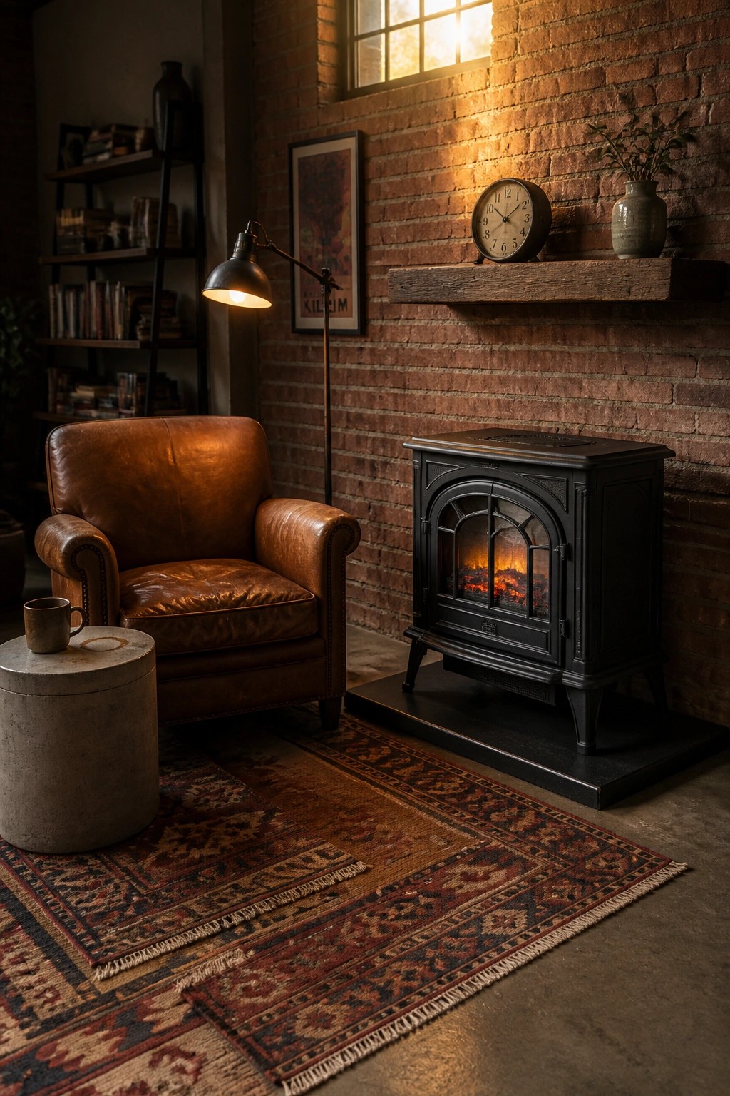 A black freestanding electric fireplace stove placed against a red brick wall next to a brown leather armchair on layered rugs.