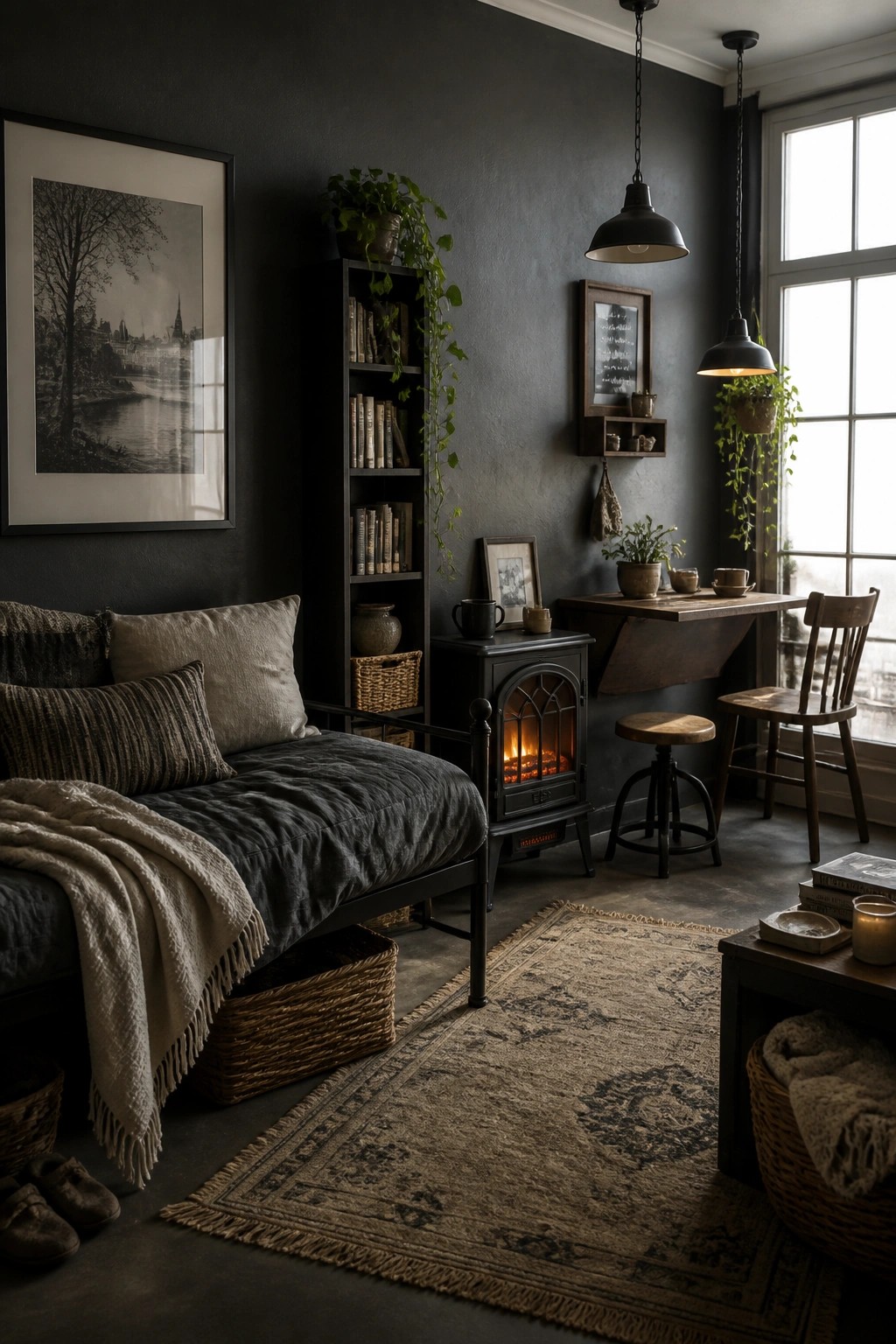 A black freestanding electric stove fireplace sits on a patterned rug in a dark room with a daybed, bookshelves, and a small wooden table nearby.