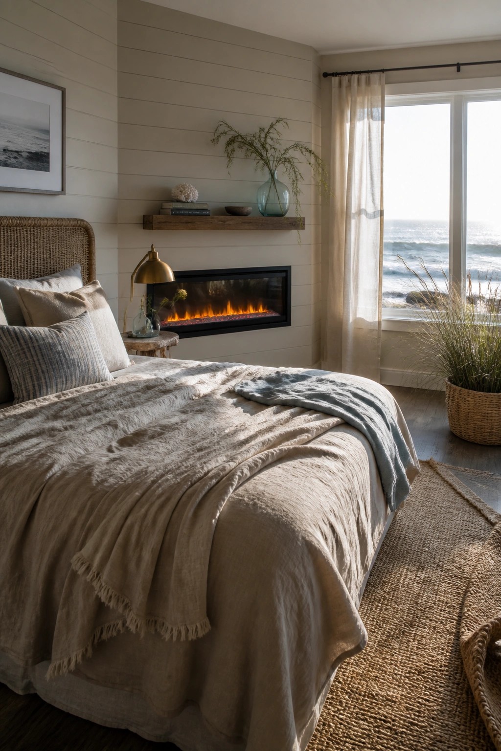 A bedroom with a linear electric fireplace built into a light shiplap wall under a floating wooden shelf, a bed with beige linens in front, and a large window overlooking the ocean.