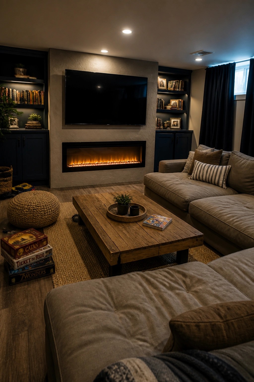 A living room featuring a wall-mounted TV positioned directly above a linear electric fireplace, flanked by dark built-in bookshelves and facing a large sectional sofa with a wooden coffee table.