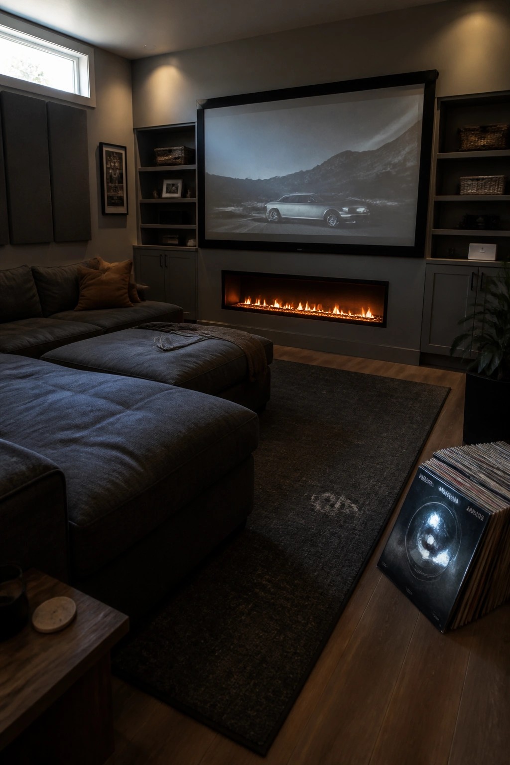Modern living room with dark sectional sofa, lit fireplace, large car screen, and vinyl records