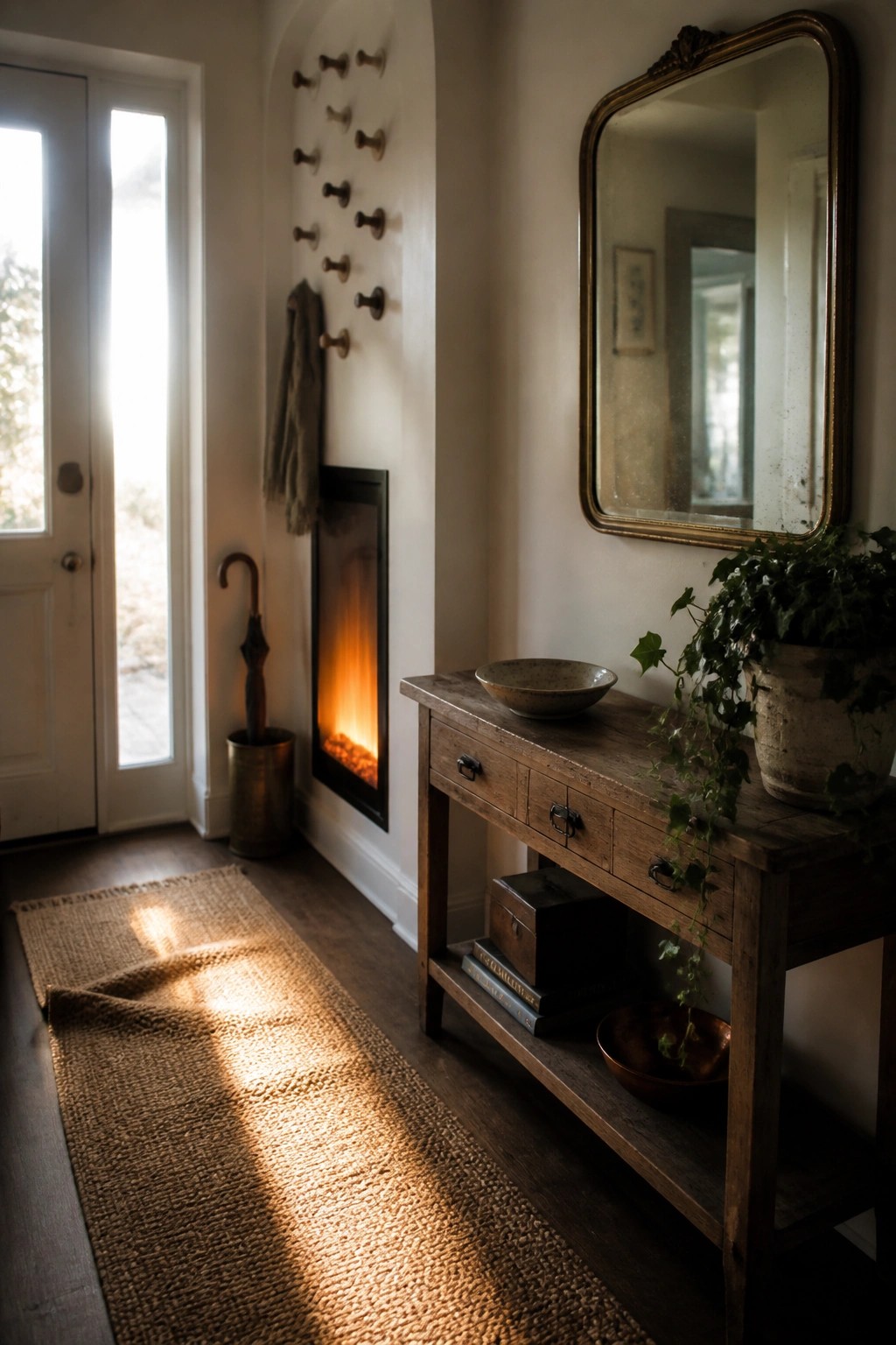 An electric fireplace recessed into a white wall in an entryway next to a wooden console table.