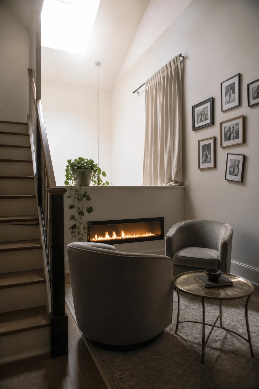 A linear electric fireplace is recessed into a white half-wall with two gray armchairs and a round table arranged in front on a rug next to a staircase.