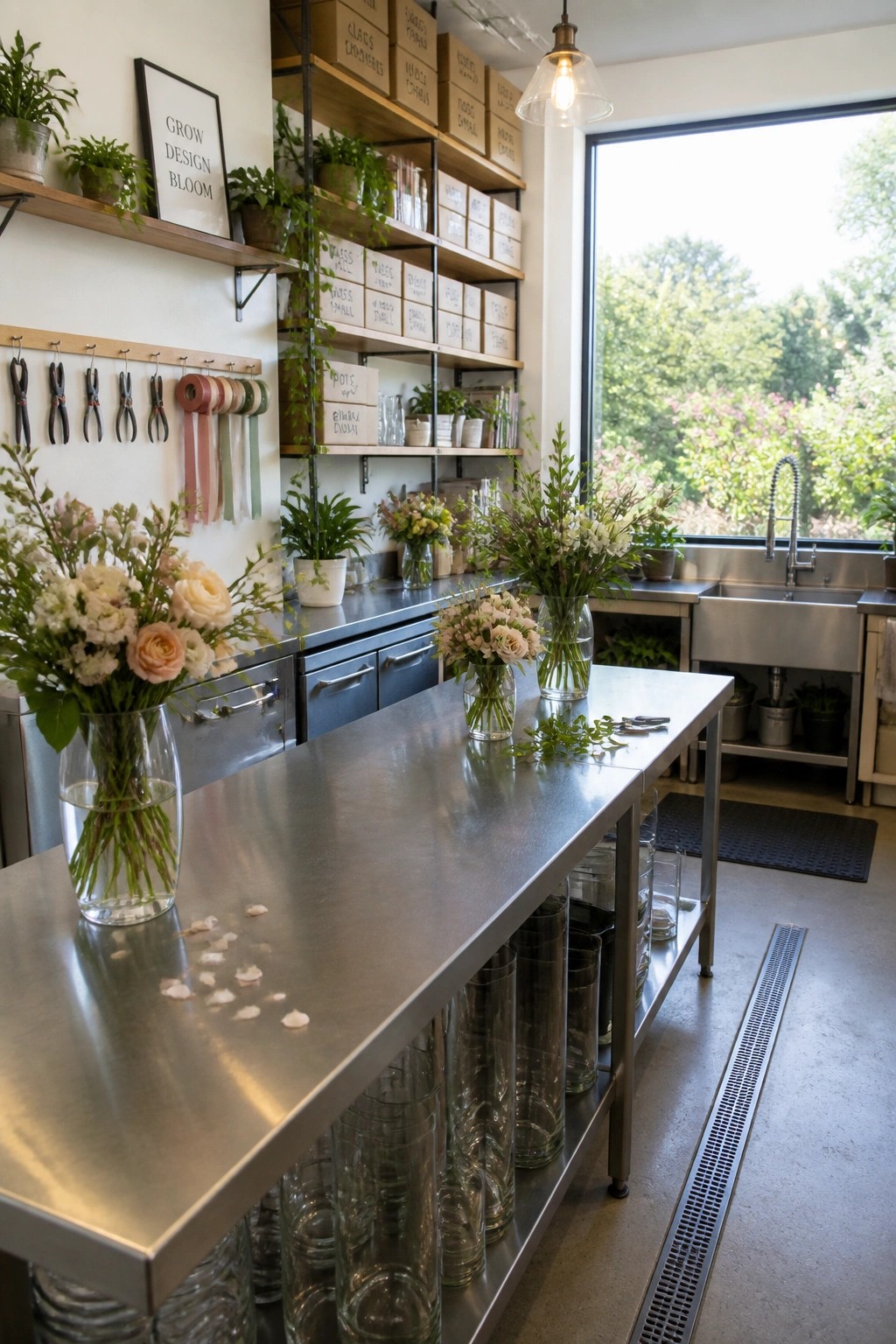 A stainless steel work table in a bright studio with glass vases stored on shelves underneath and flower arrangements on the surface.