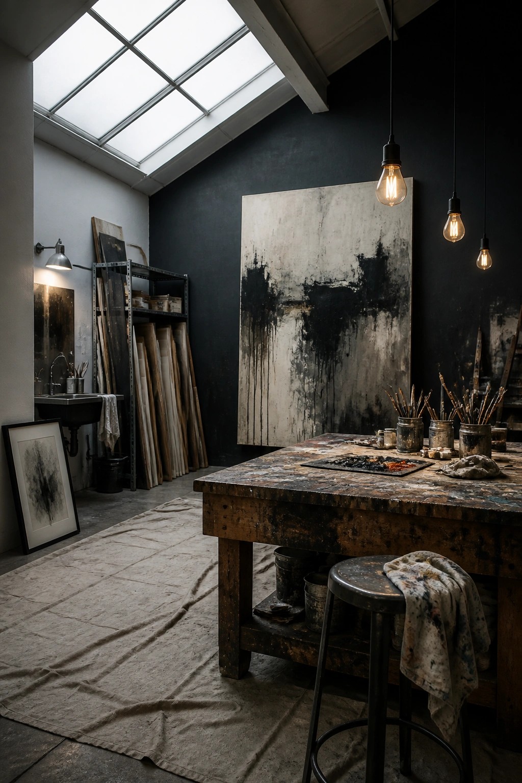 A spacious artist's studio featuring a large worn wooden work table with paint supplies and brushes, a metal stool, and a large abstract painting on a dark wall beneath a skylight.