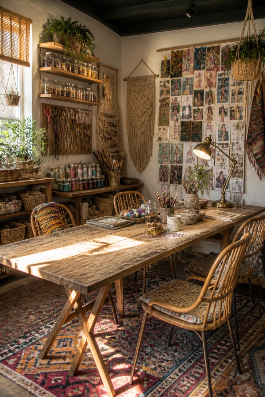 A large wooden work table with chairs sits in the center of a craft room lined with shelves of jars, tools on the wall, and a wall covered in art prints.
