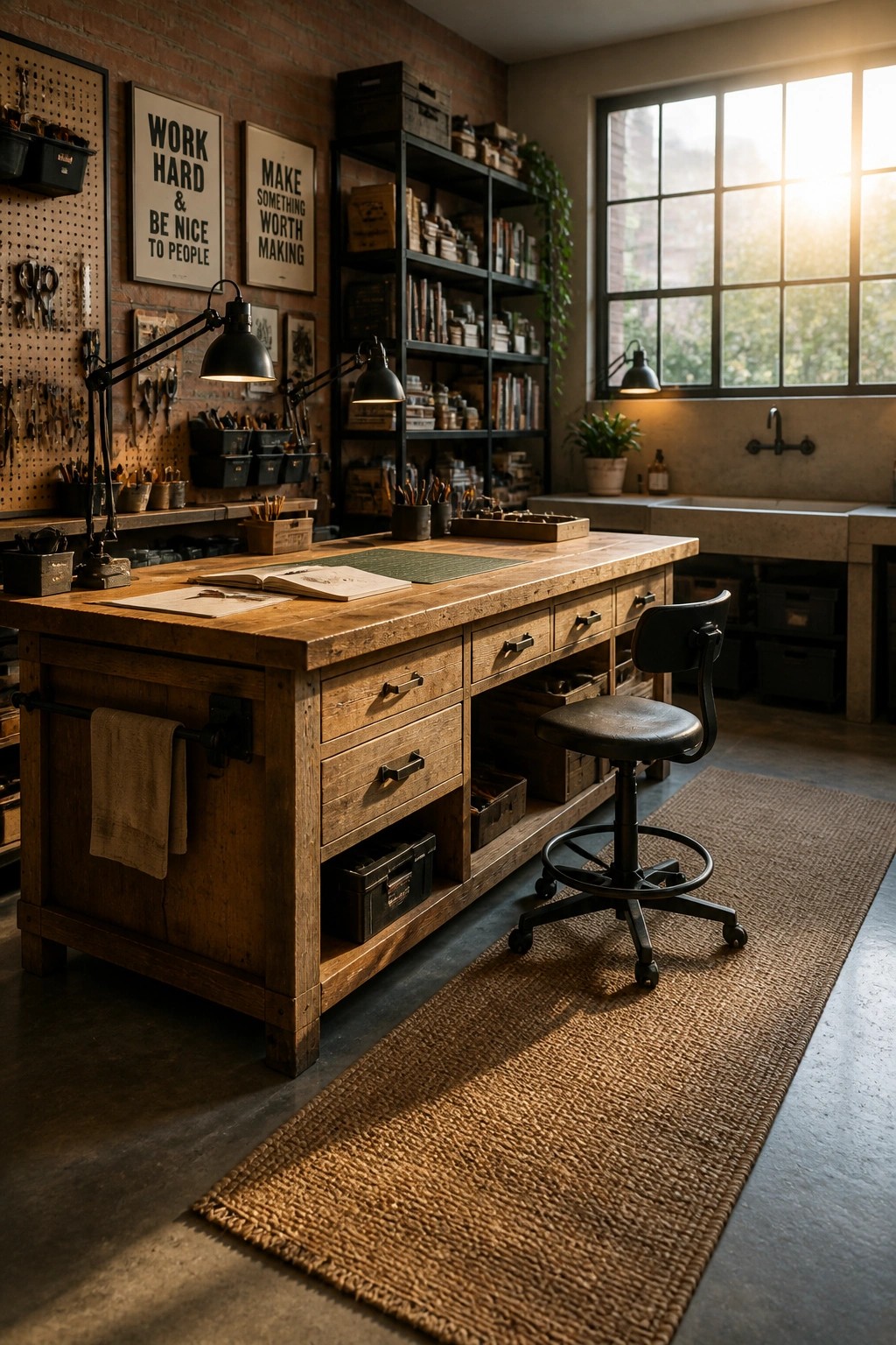 A large wooden workbench with multiple drawers and open storage below sits on a woven rug in a brick-walled room with a black stool and tall shelves in the background.