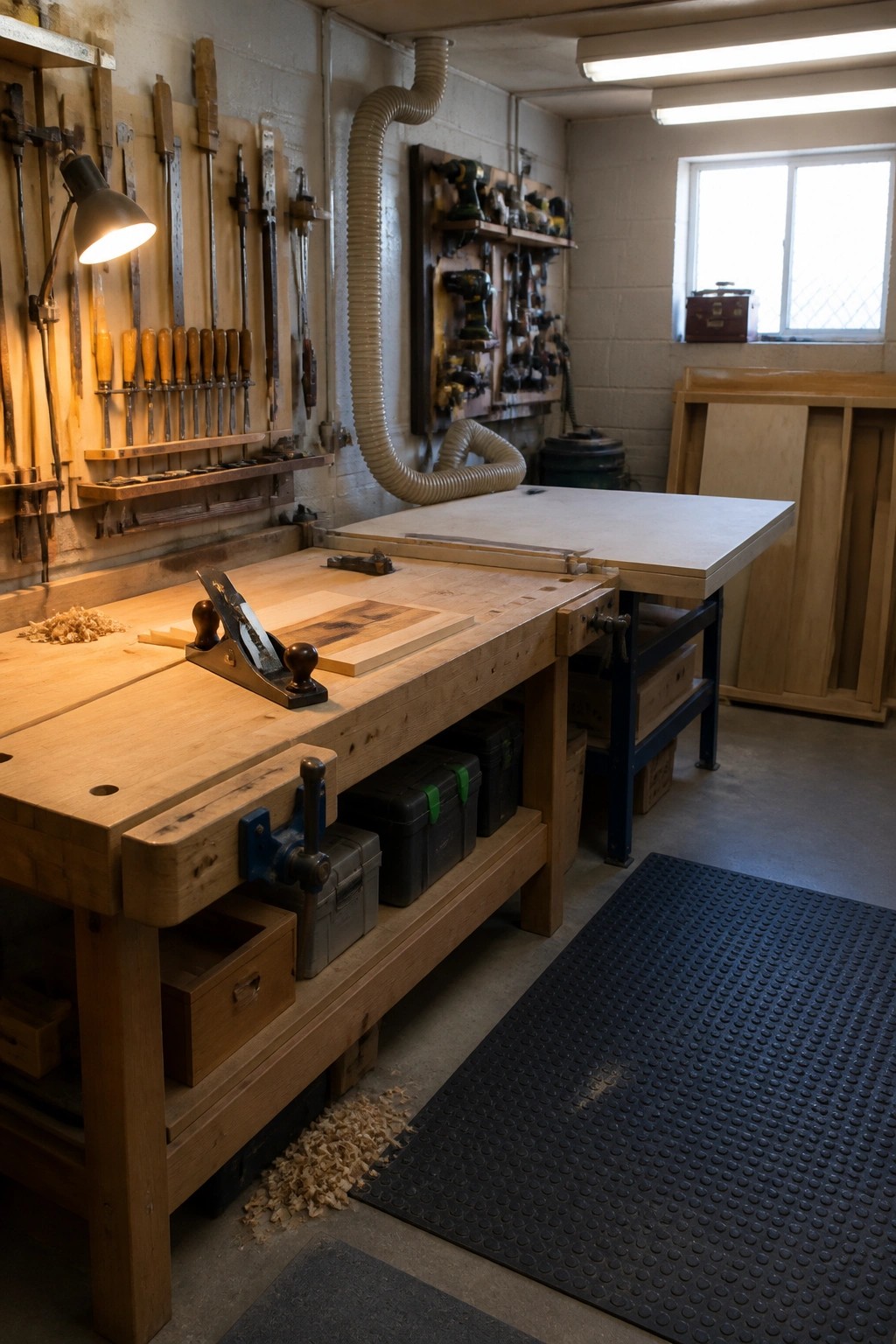 A wooden workbench with hand planes, wood scraps, and storage bins sits in a workshop with wall-mounted tools and a rubber floor mat.