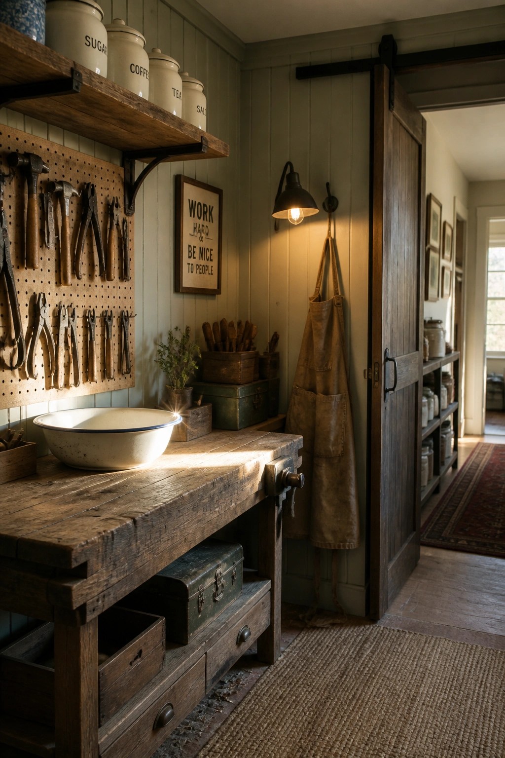 A rustic wooden workbench with a white enamel bowl on top, a pegboard of tools on the wall, and storage boxes underneath in a green-paneled room.