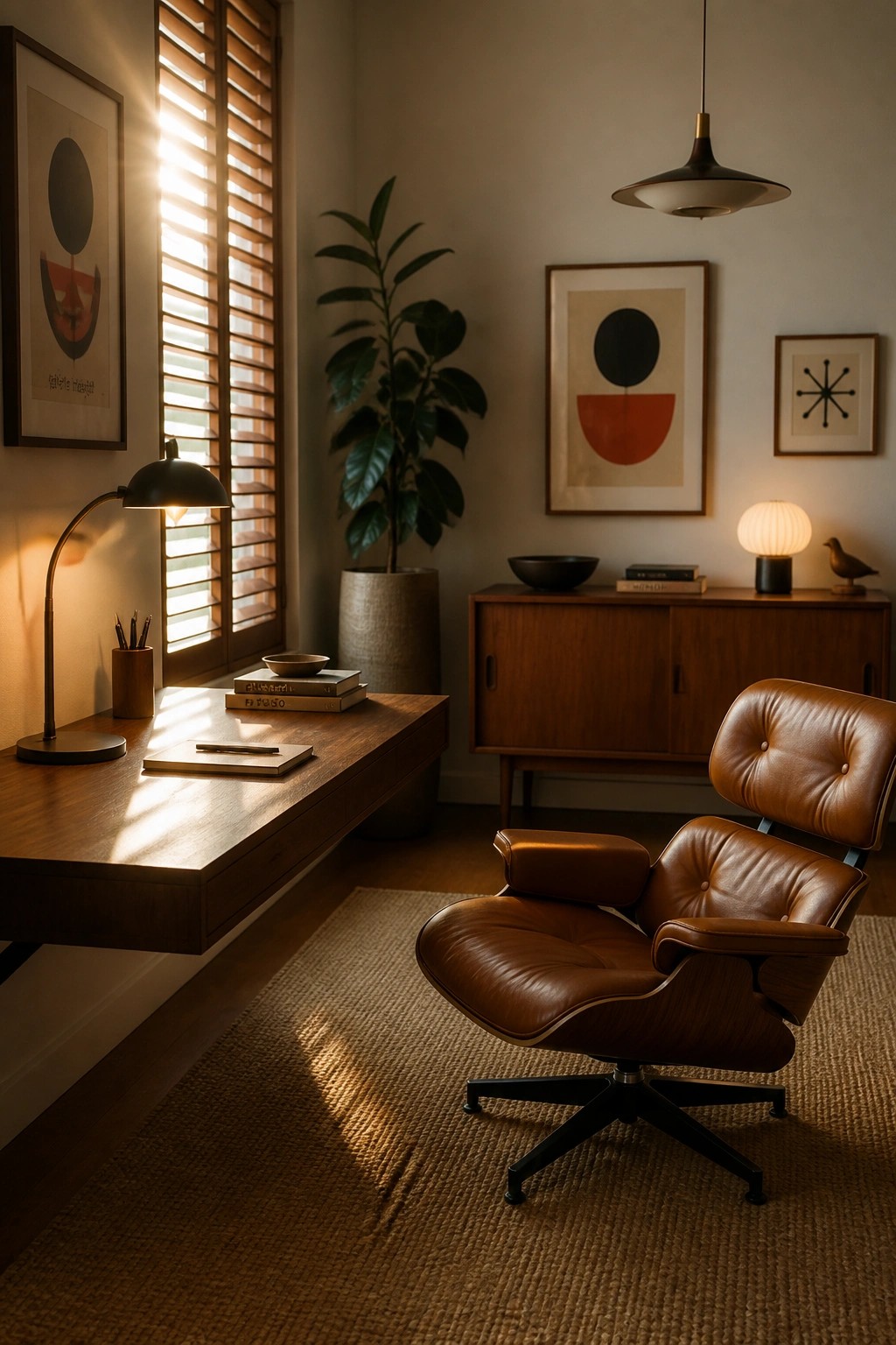 A home office interior showing a floating wooden desk with a task lamp on the left and a brown leather lounge chair on a woven rug to the right, with a window covered by wooden blinds and several framed artworks on the walls.