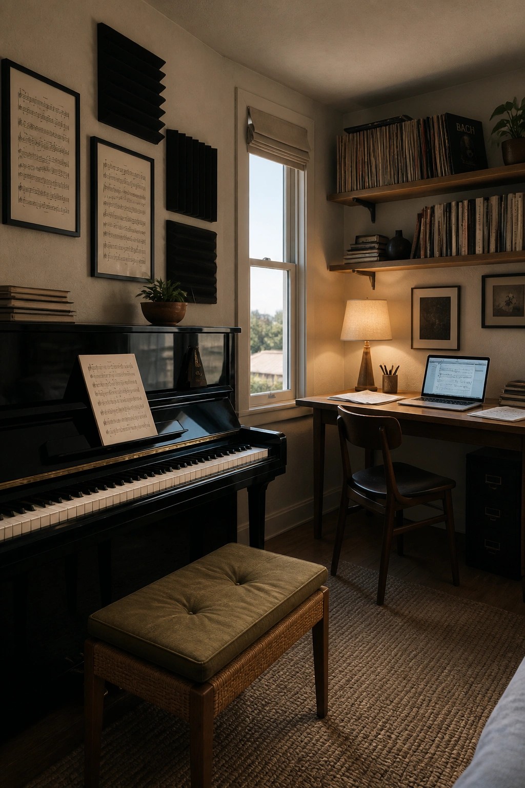 A room with a black upright piano holding sheet music, a wooden desk with a laptop, and shelves of records along the wall.