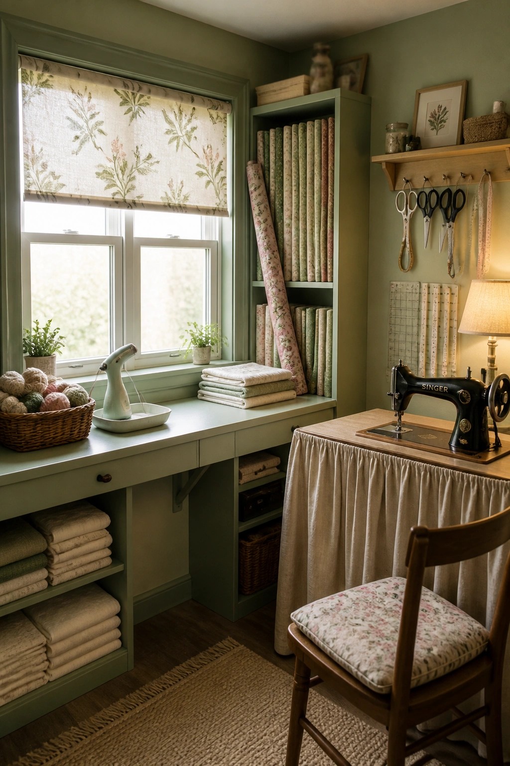 A sage green craft room featuring a built-in desk under a window, shelves filled with fabric rolls, a sewing machine on a skirted table, and organized storage throughout.