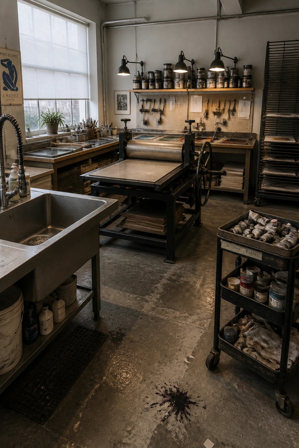 A printmaking studio interior with a large black printing press in the center, a stainless steel sink on the left, and shelves holding jars and tools along the walls.