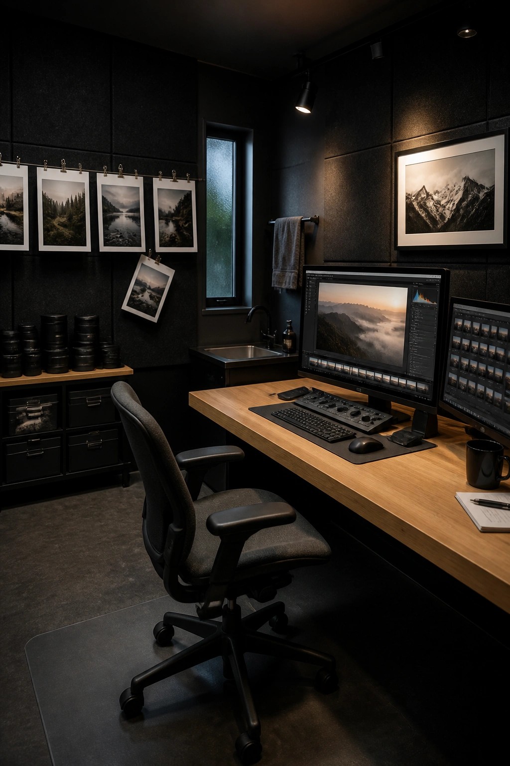 A small dark home office with a large wooden desk, two computer monitors displaying photo editing software, an ergonomic office chair, and photography prints pinned to black walls.