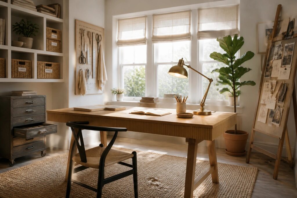 24 Practical Work Room Ideas Designed for Long Creative Sessions A wooden desk with a stool sits in front of two large windows in a bright room with shelves, storage cabinets, and a pegboard on the wall.
