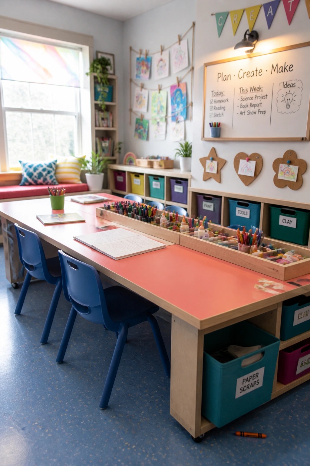 A bright children's art room with a long orange-topped table, blue chairs, and wooden storage units holding labeled bins for paint, tools, clay, and paper scraps.