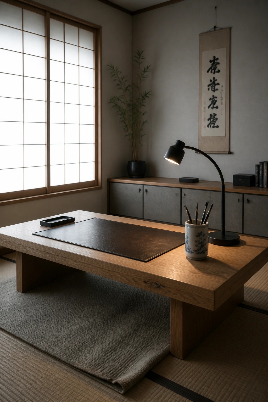 A low wooden table with a dark leather mat rests on tatami flooring in a minimalist Japanese-style room with shoji screens and a hanging scroll on the wall.