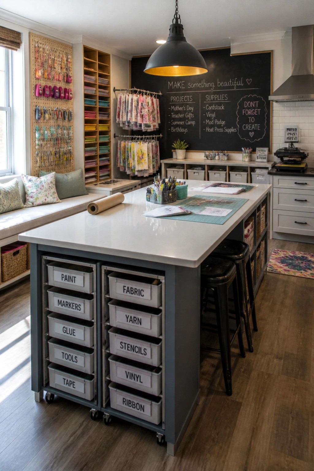 A craft room with a large white-topped island on wheels, gray base with labeled storage bins, and a black chalkboard wall behind it.