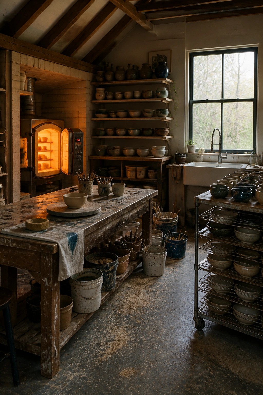 A pottery workshop interior with a large wooden work table, glowing kiln on the left, wooden shelves holding ceramic bowls and vases, a metal rolling rack with drying pottery, and a sink under a window.