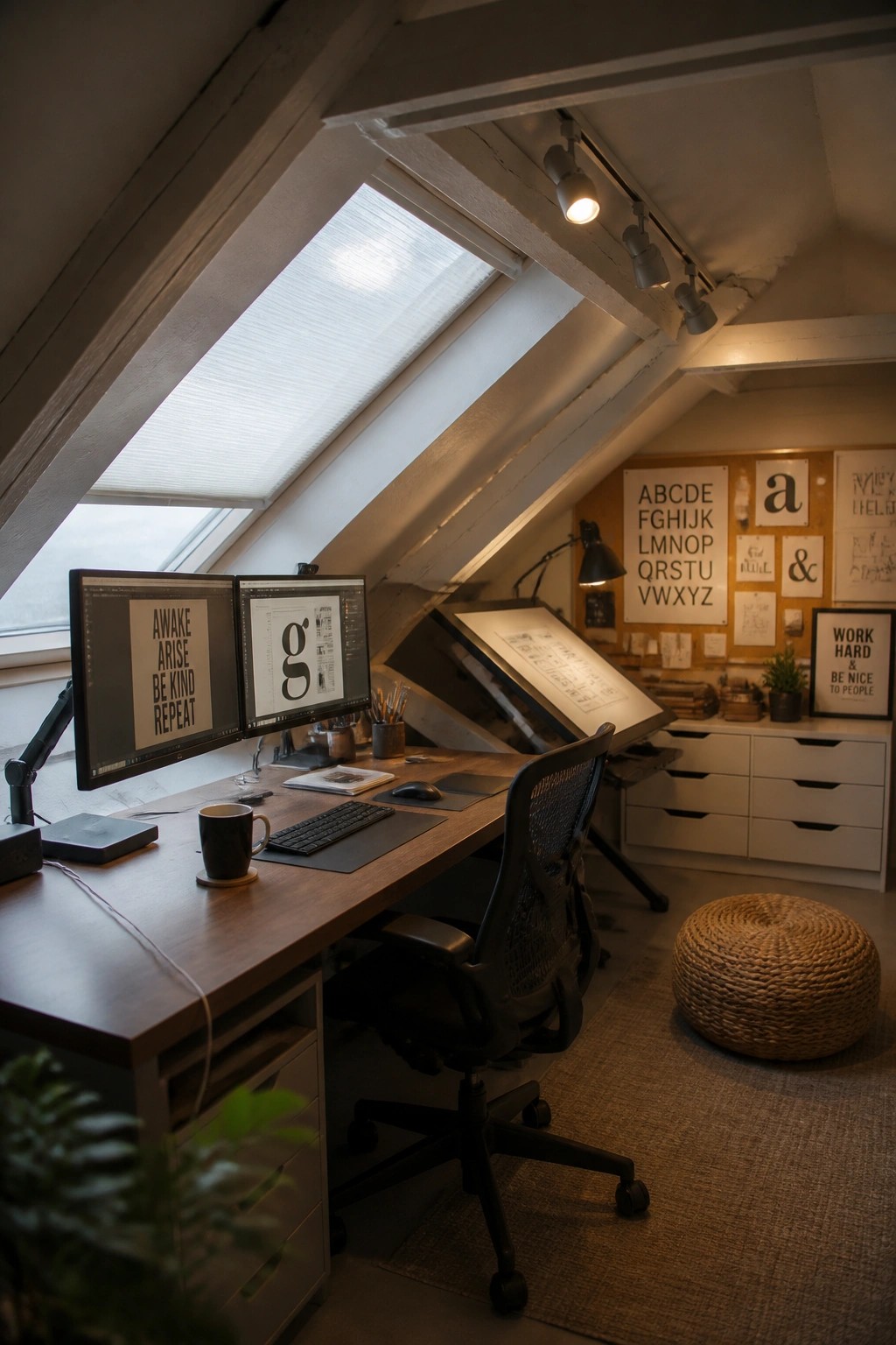 An attic workspace with a wooden desk, dual monitors, and an ergonomic chair positioned beneath a large skylight.