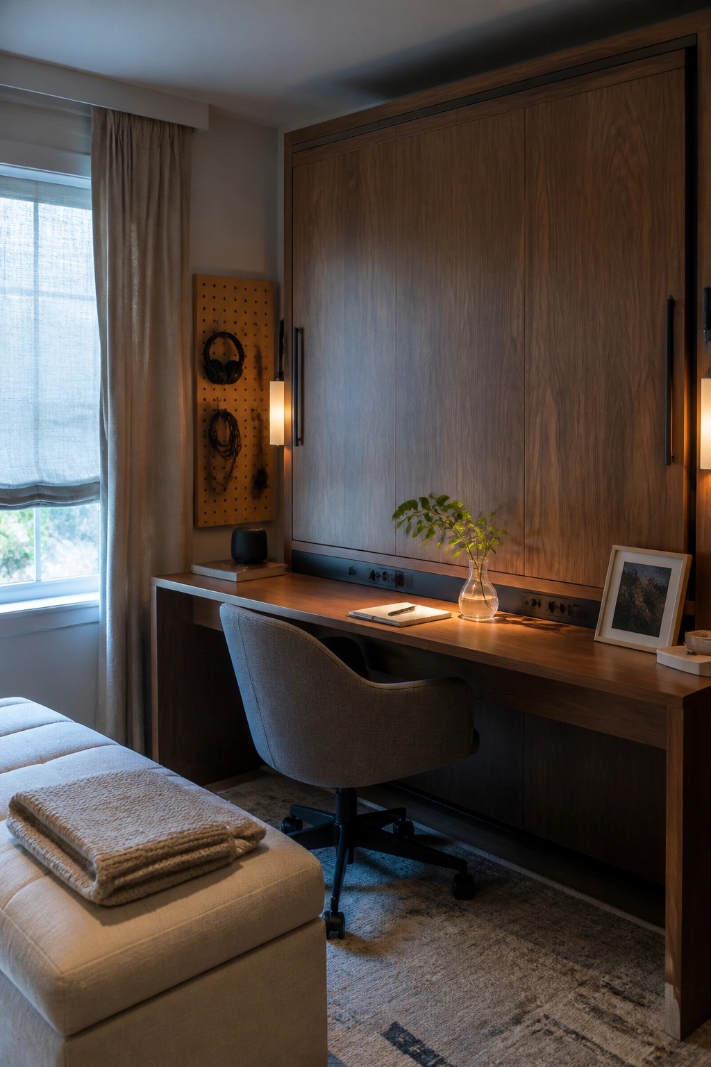 A home office with a long wooden built-in desk and tall cabinet unit above it, a gray office chair, and a window with curtains on the left.