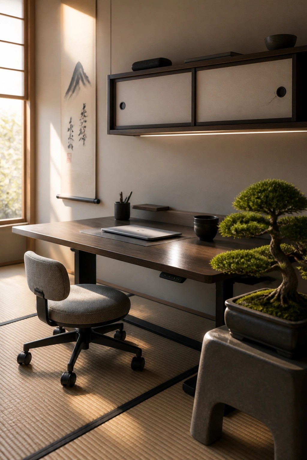 A Japanese-inspired home office with a dark wood desk, office chair on tatami mats, wall-mounted cabinets above, and a bonsai tree to the side.