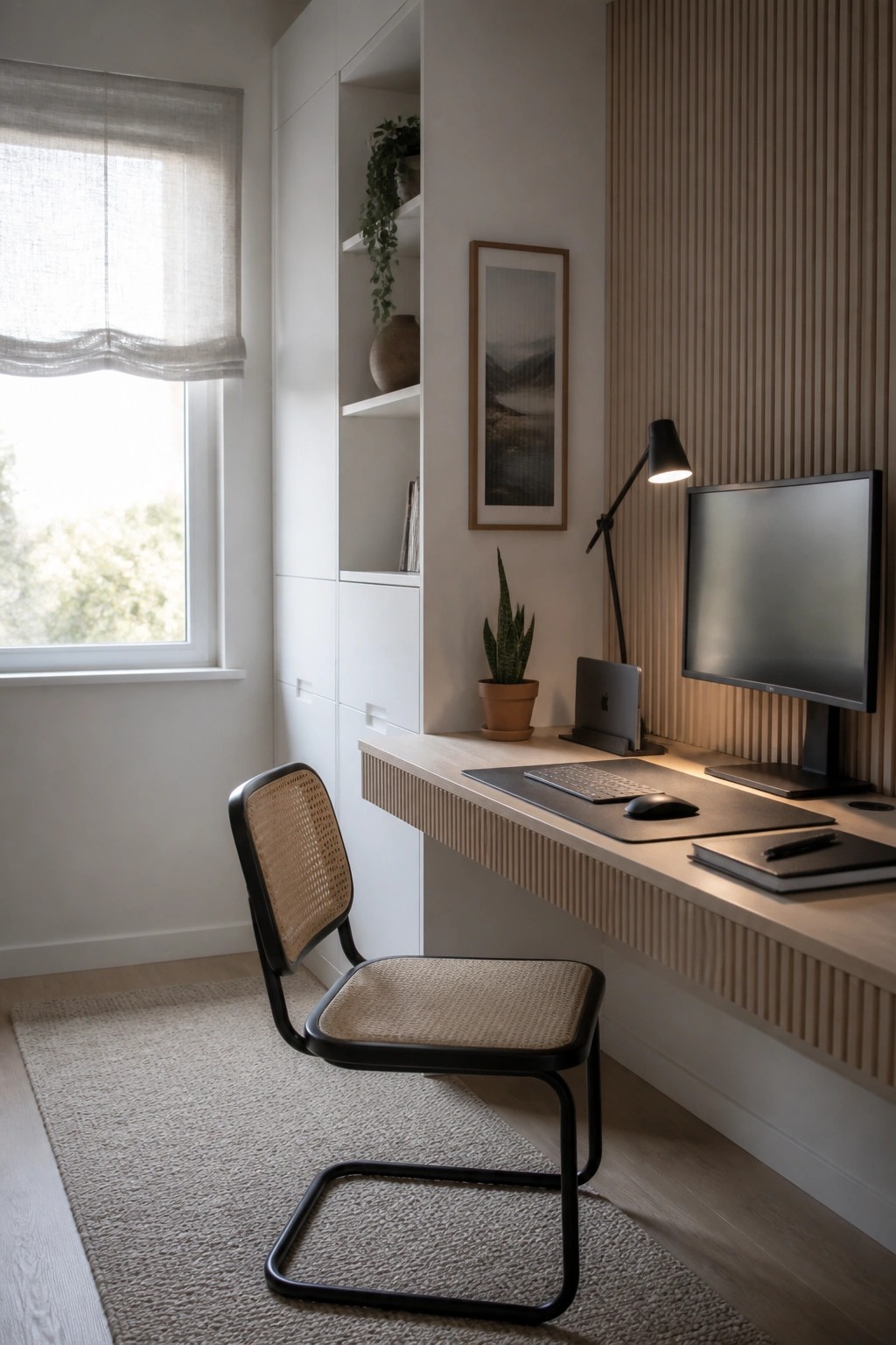 A minimalist home office featuring a floating light wood desk against white built-in cabinetry, a black chair with woven cane seat, a computer monitor, and a black desk lamp.