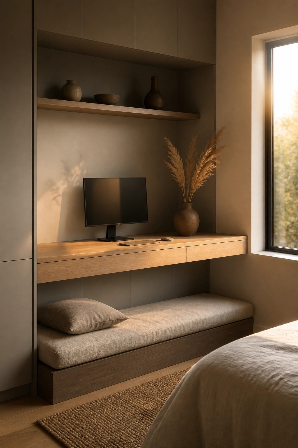 A wooden built-in desk with a monitor, keyboard, and vase sits above a cushioned bench inside a neutral room with a window on the right.