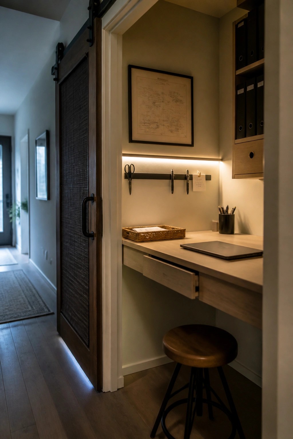A compact built-in desk with light wood finish sits in an alcove next to a dark sliding barn door, with a round wooden stool underneath and minimal items on the surface.