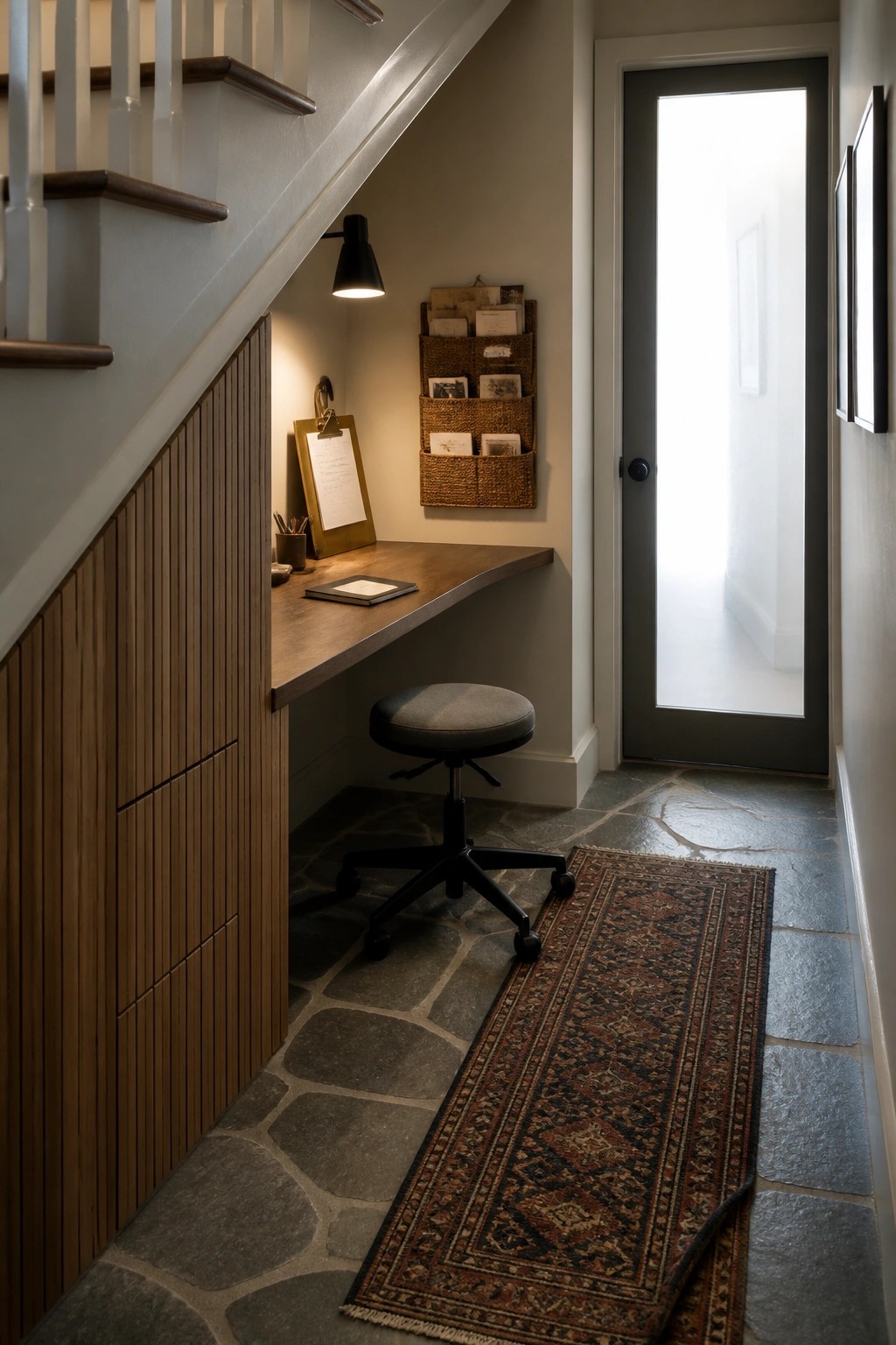 A narrow wooden desk built under a staircase with a swivel stool, wall-mounted light, clipboard, and woven wall organizer holding papers and photos.