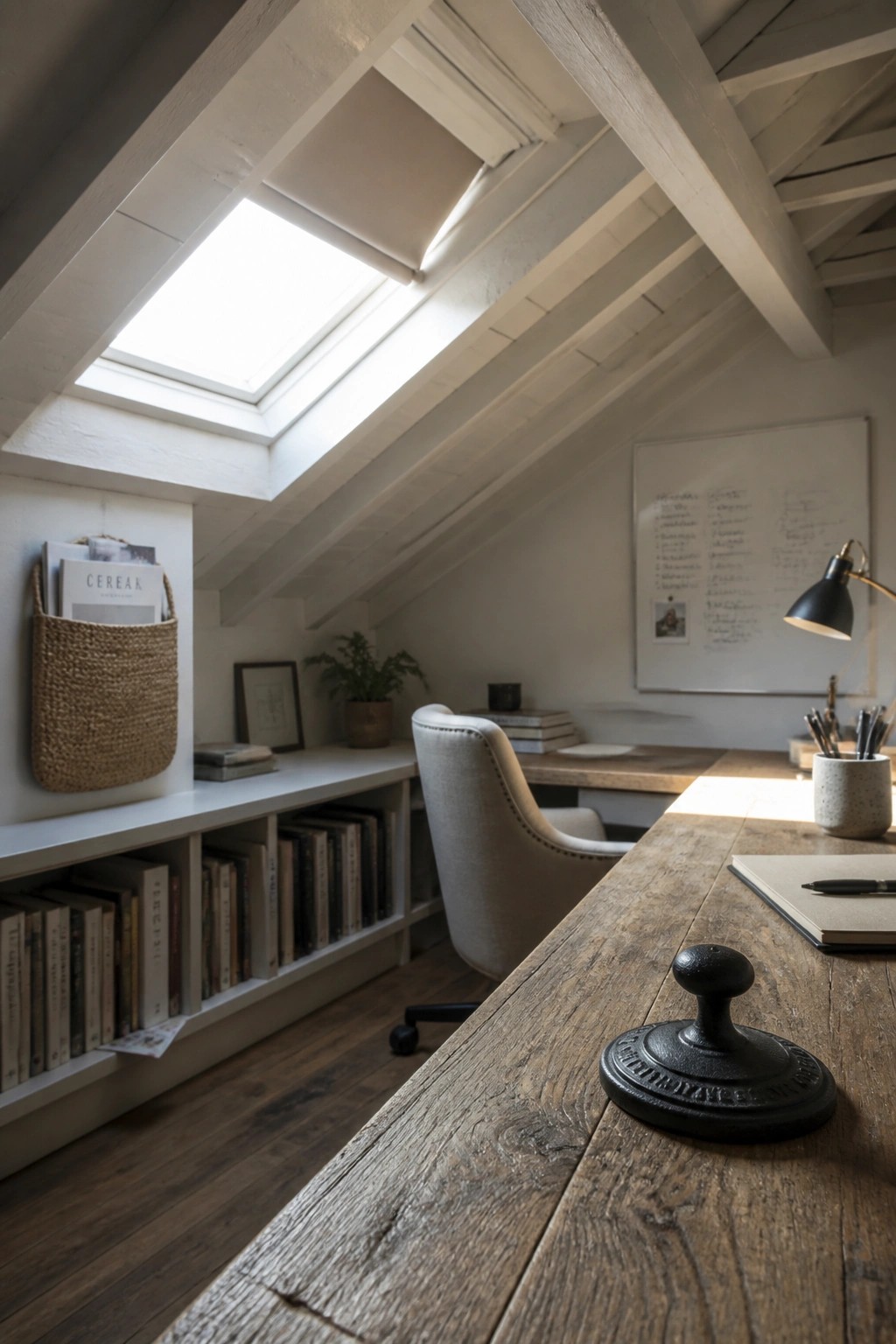 Sunlit attic workspace with wooden desk, white chair, bookshelves, and skylight.