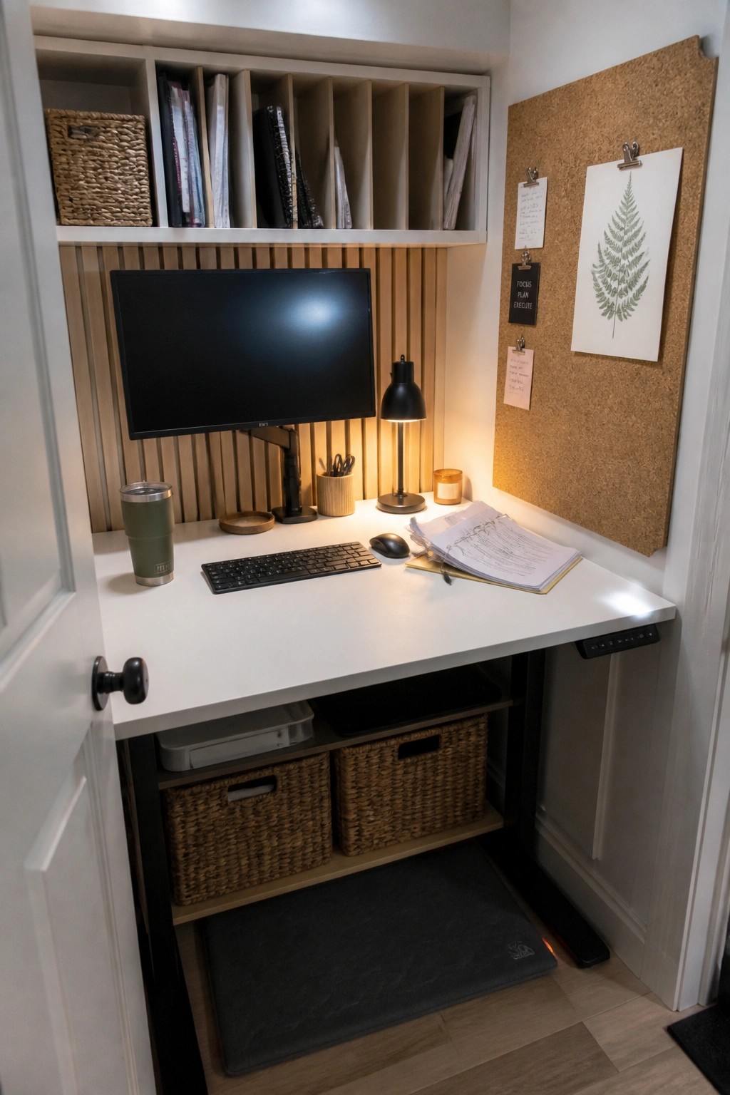 A compact white desk in a built-in office nook with upper cubbies, lower storage baskets, a monitor, and a corkboard on the wall.
