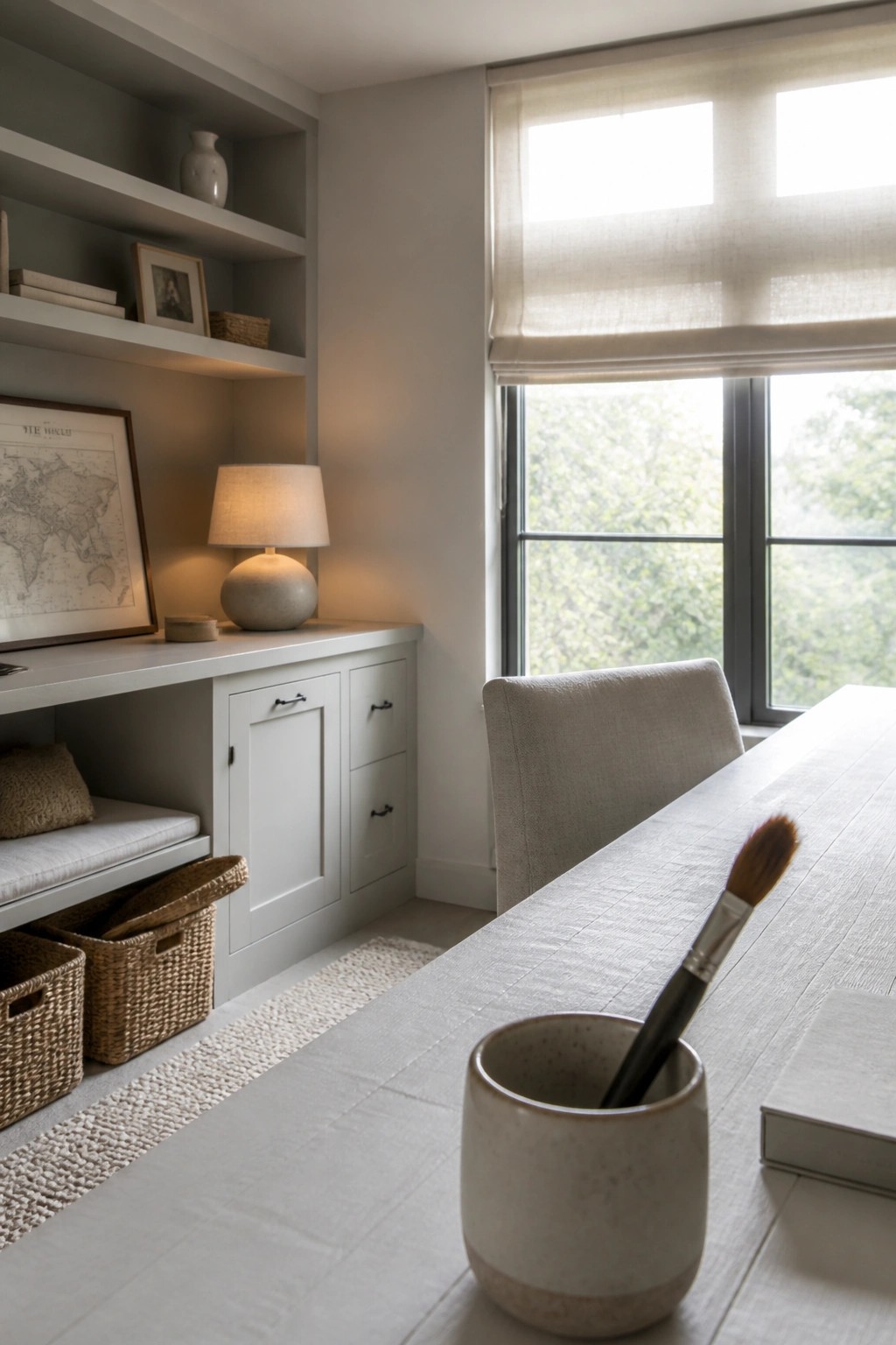 A home office interior showing built-in white cabinetry and shelving beside a large window, with a wooden desk holding a ceramic cup and a paintbrush.