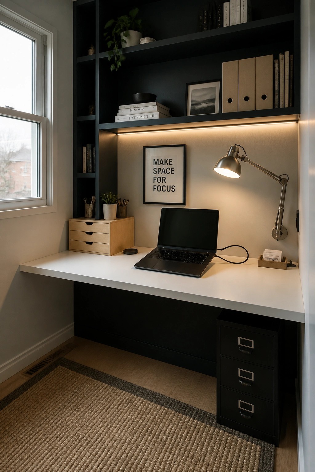 A home office features a white built-in desk with black shelving above, a laptop on the desk, and a black filing cabinet below.