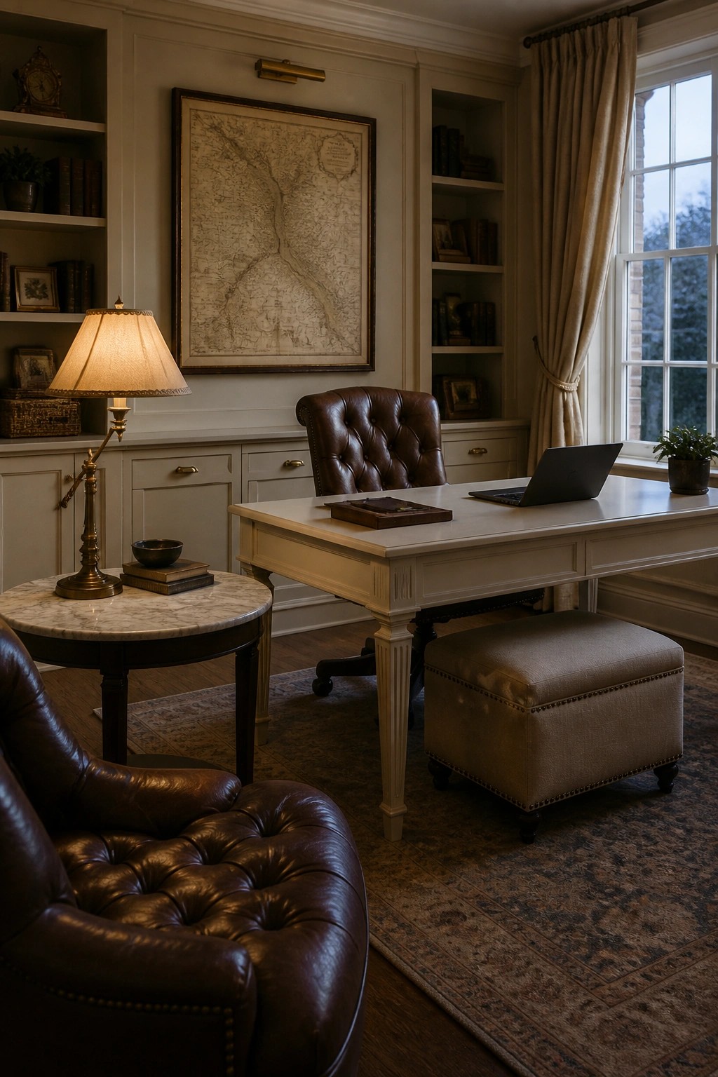 Classic study with tufted leather chairs, white desk, laptop, and wall map.