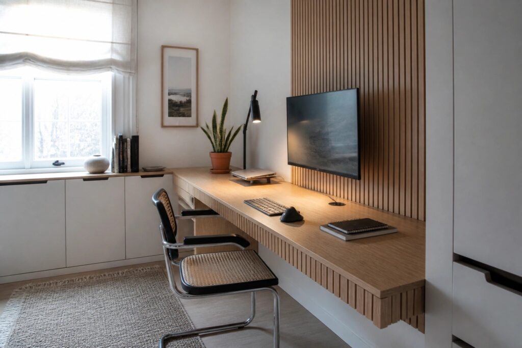 24 Relaxing Office Ideas That Reduce Visual Clutter A minimalist home office featuring a floating light wood desk against white built-in cabinetry, a black chair with woven cane seat, a computer monitor, and a black desk lamp.