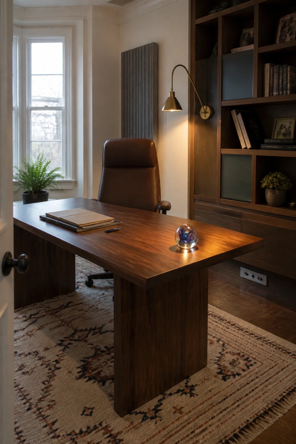A home office with a large wooden desk holding only a few folders and a small glass object, a brown leather chair, built-in bookshelves, and a window on the left.