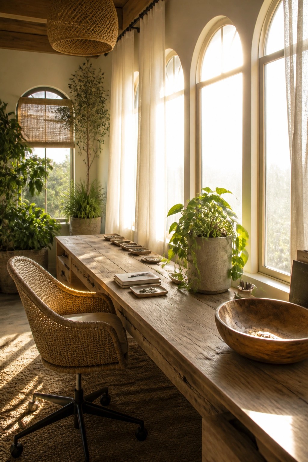 A long wooden desk with minimal items sits before arched windows in a bright room with a woven office chair and several potted plants.