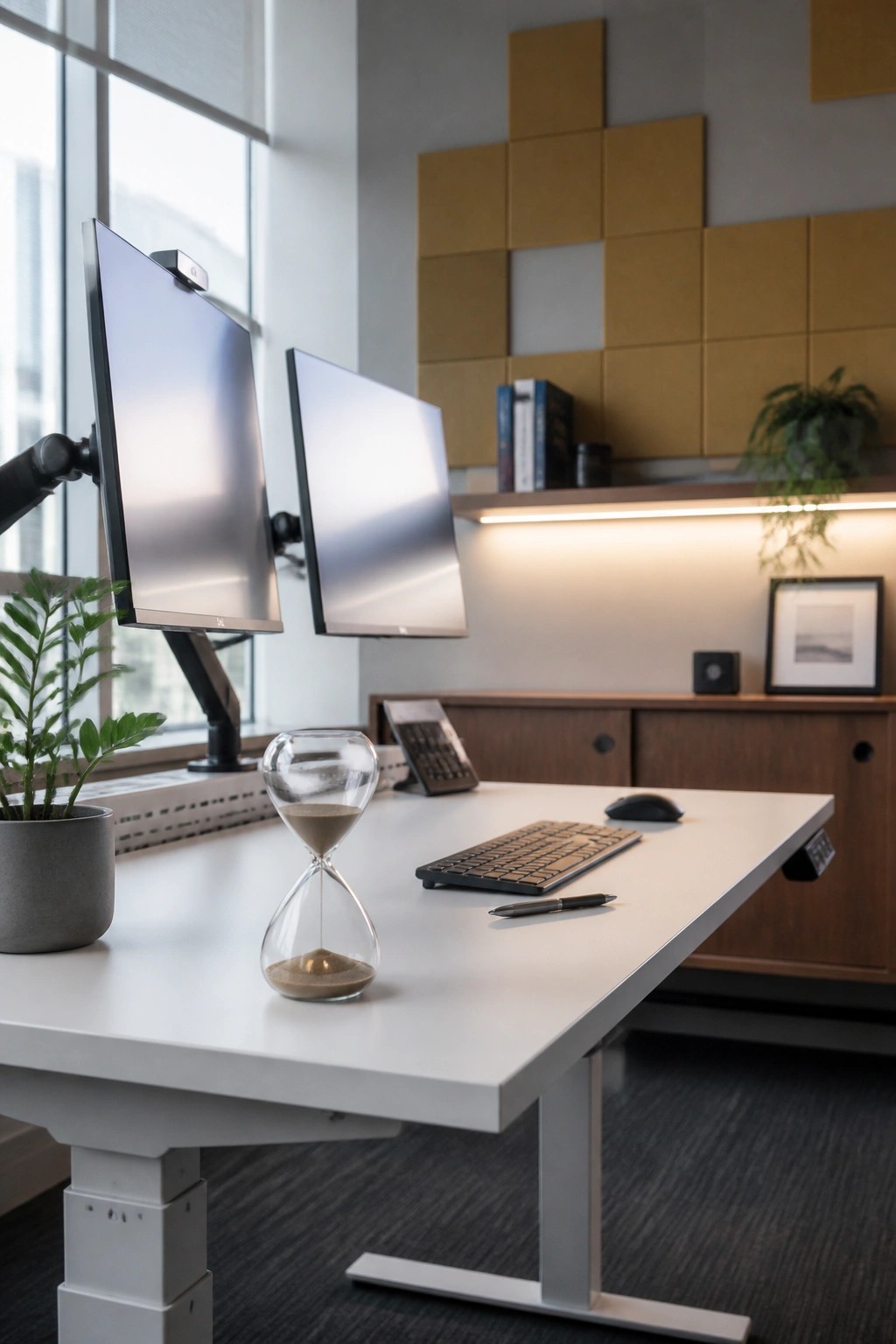 A modern office desk with dual monitors, a keyboard, mouse, hourglass, pen, and small plant against a wall with acoustic panels.