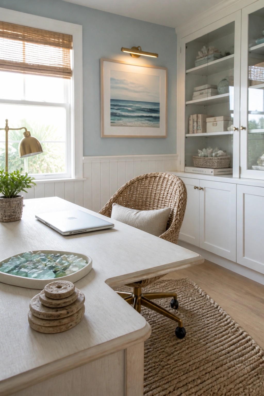 Coastal home office with light wood desk, rattan chair, laptop, and ocean artwork