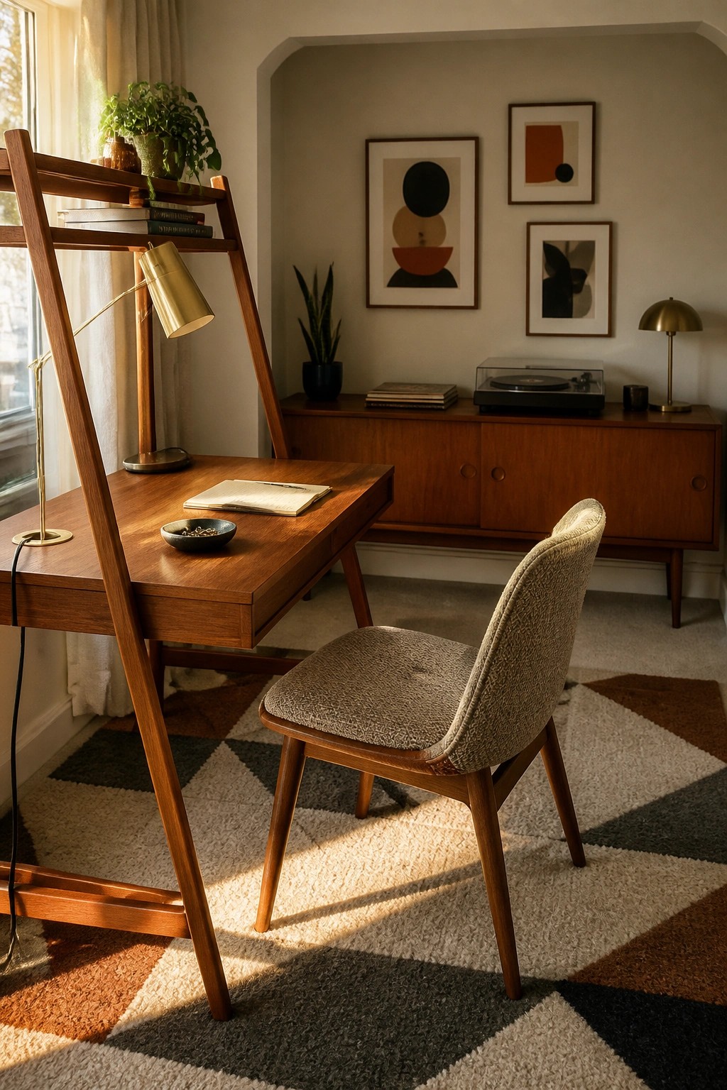 A wooden desk with minimal items sits on a patterned rug in a home office, with a wooden credenza and framed wall art in the background.