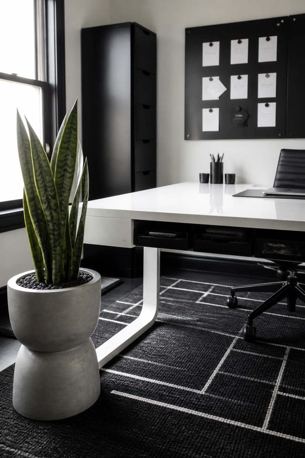 A minimalist home office with a white desk, black chair, black filing cabinet, black bulletin board, and a large snake plant in a gray concrete pot on a black and white grid rug.